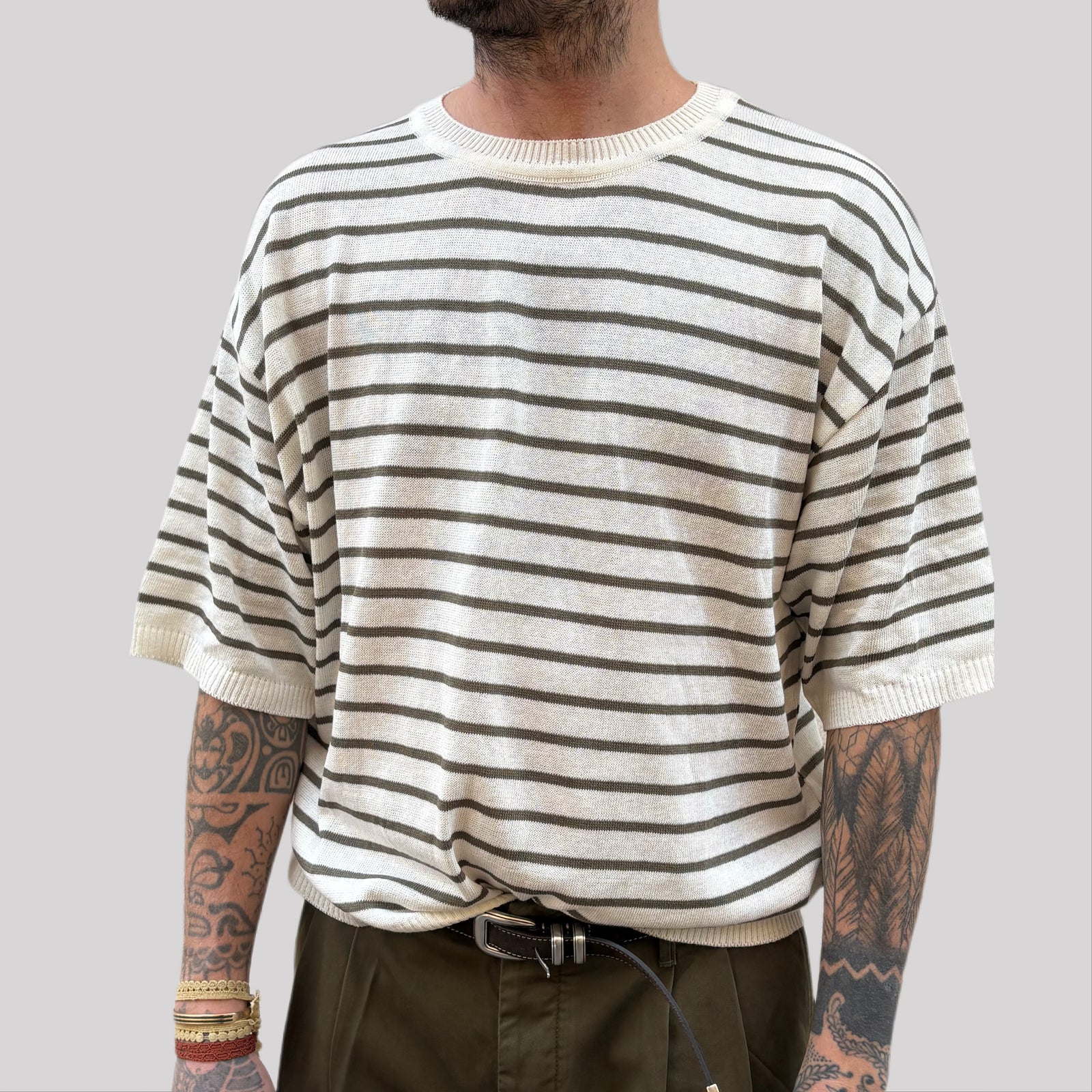 T-shirt tela cruda riga bianca/verde